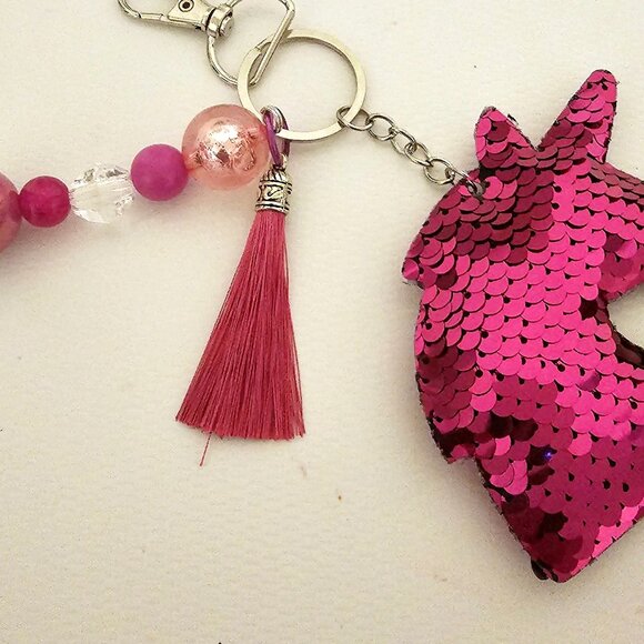Unicorn Keychain Pink Sequin Tassel Beads Bag Charm Purse Backpack Accessory - Picture 1 of 1
